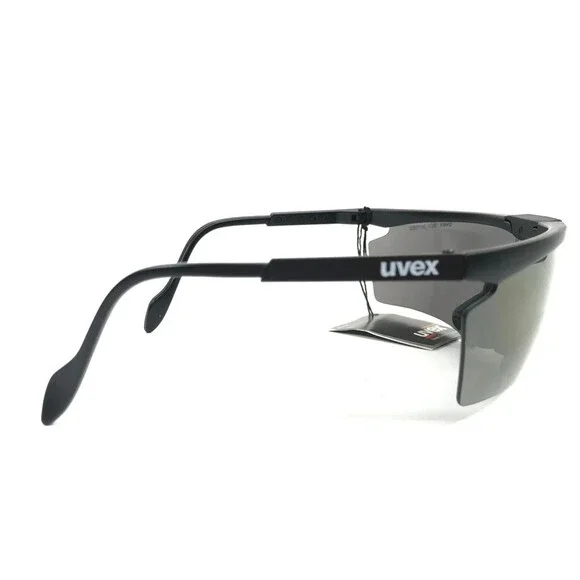 Vintage Uvex Sunglasses Face Across Matte Black Shield Semi Rim Frames Gray Lens